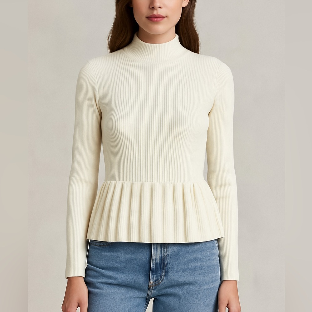 Antonio Milani Thick Knit White Mock Neck Cinch Waist  Women's Sweater Small